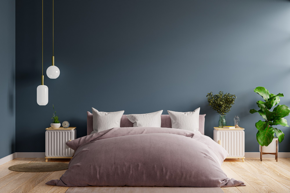 bedroom interior dark style dark blue wall mockup 3d rendering
